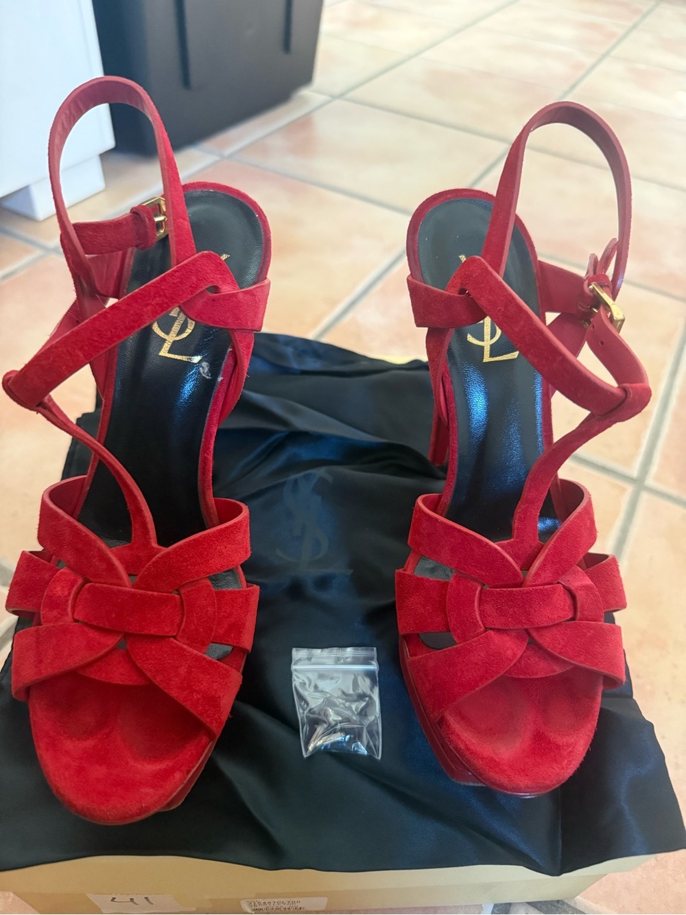 Saint Laurent Red Suede Knot-Detail Platform Heels